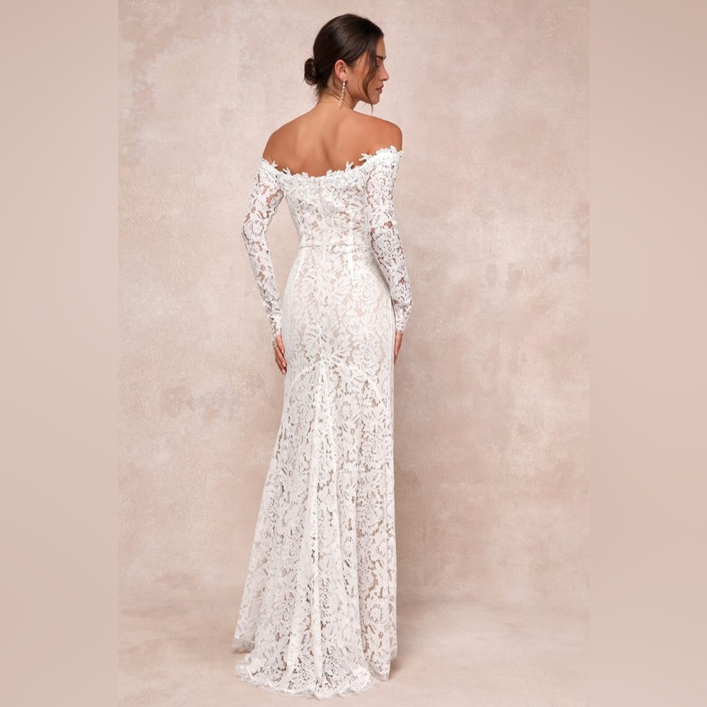 Lulu's White Off-the-Shoulder Lace Wedding Dress - Picture 4 of 5